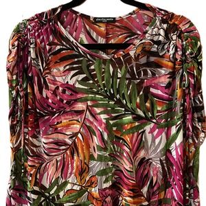 Cha Cha Vente Colorful Leaf Pattern Hi-Low Midi Dress Sheer Womens Sz S Oversize